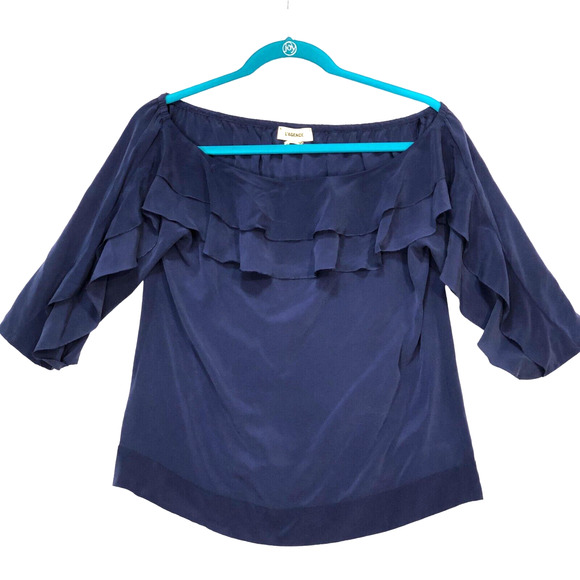 L'Agence Sz XS Monroe Off Shoulder Silk Blouse Blue Ruffle Pullover 4677CD1 Top - Picture 1 of 14